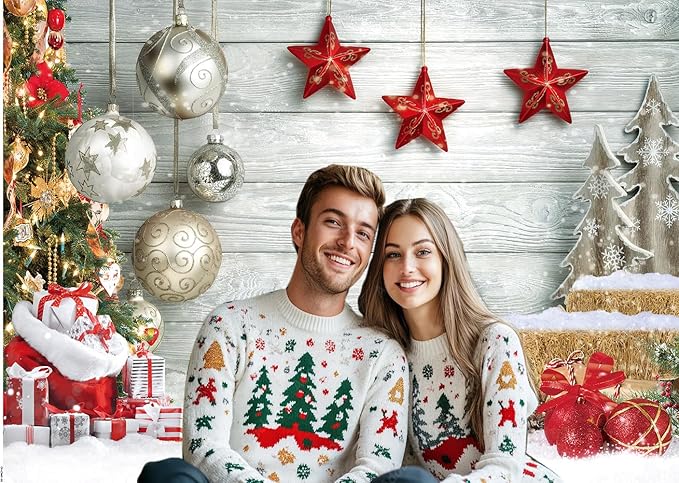 CHAIYA 7X5FT Christmas Backdrop White Wood Floor Photography Backdrop Winter Snow Christmas Balls Xmas Tree Gift Family Party Photo Background New Year Party Decoration Backdrops CY194
