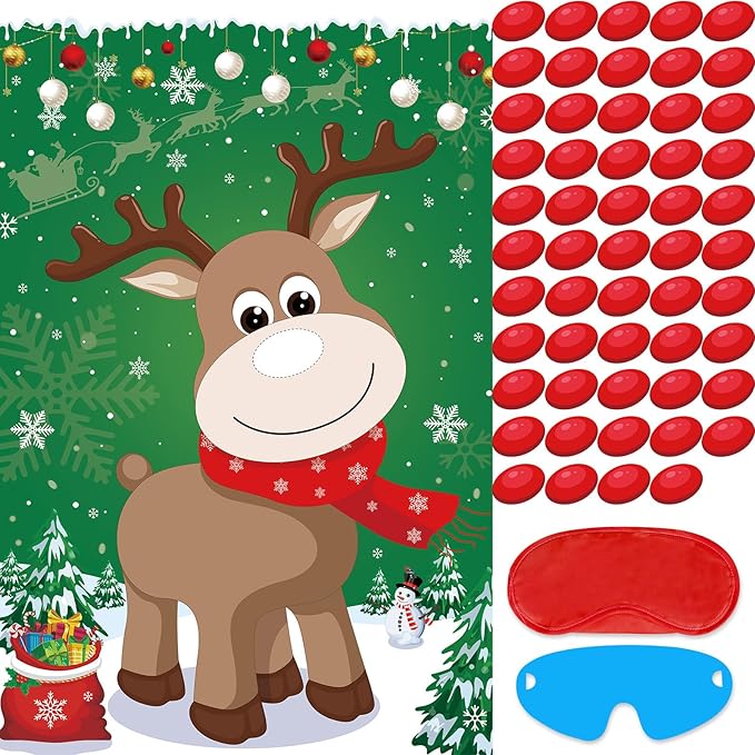 Pin The Nose on The Reindeer with 54PCS Red Nose for Kids Family Pin The Nose on The Reindeer Games, Large Christmas Reindeer Poster Games for Kids Christmas Party Games