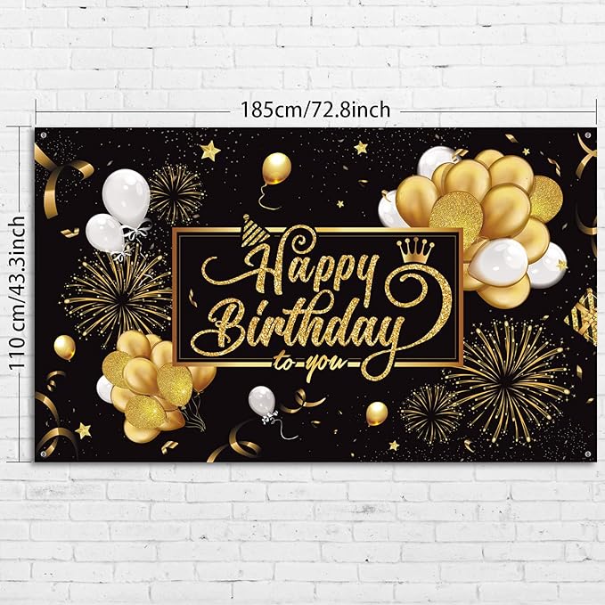 Blulu Happy Birthday Banner Sign Poster Large Fabric Glitter Balloon Fireworks Sign Photo Backdrop Background for Birthday Decoration Supplies, 72.8 x 43.3in (Black and Gold)