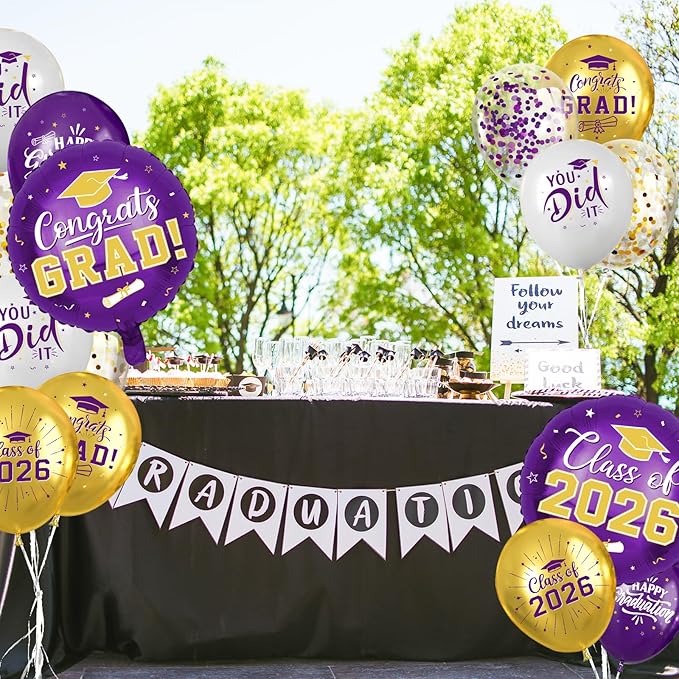 Purple and Gold Graduation Balloons Graduation Decorations 2026, 51Pcs Grad Latex Balloons and Grad Foil Balloon with Confetti Ribbons Grad Party Decorations for College High School