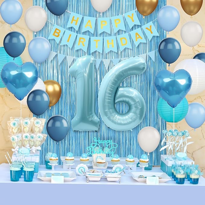 16th Birthday Decorations Blue White Gold,16th Birthday Balloons with Happy Birthday Banner Fringe Curtain Heart Foil Balloons for Boys Girls 16 Year Old Birthday Decor