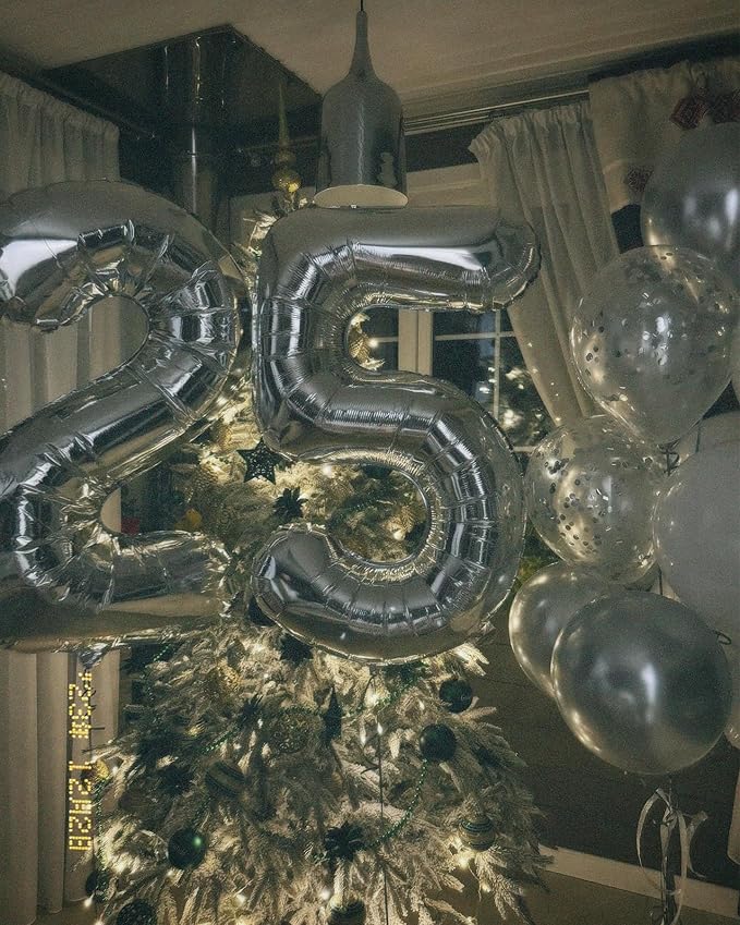 25 Balloon Number, Silver Number 25th Birthday Balloons 40 Inch, 25 or 52 Years Old Silver Birthday Decorations for Men Women, 25th Anniversary Decorations