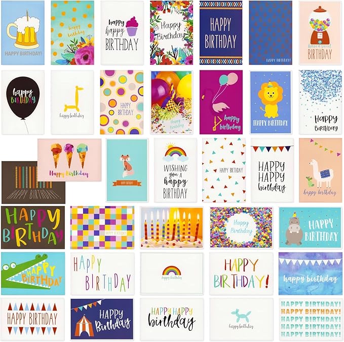 144 Pack Birthday Cards Bulk with Envelopes, 36 Colorful Designs for Adults and Kids, 10x15 cm