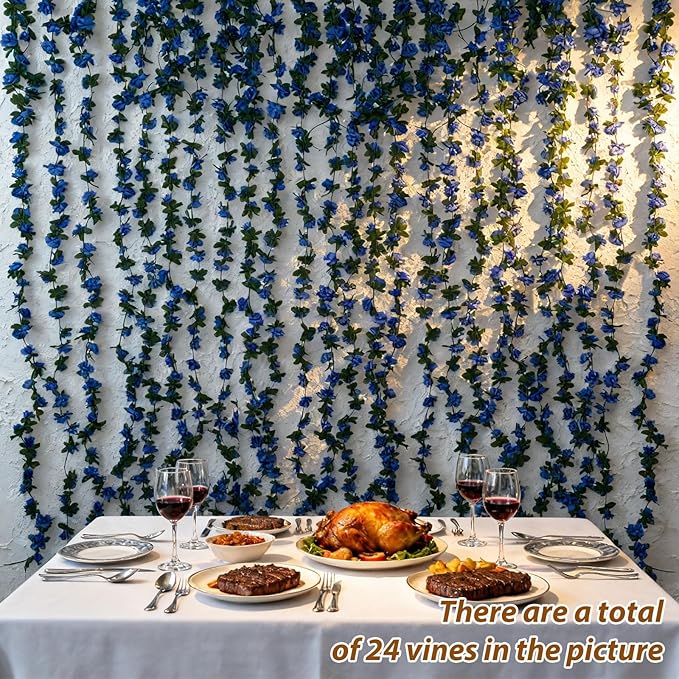 Miracliy 5Pcs 41FT Blue Flower Garland Artificial Rose Arch Vines Fake Spring Floral Garland for Flower Wall Backdrop Wedding Mothers Day Garden Tea Party Decoration