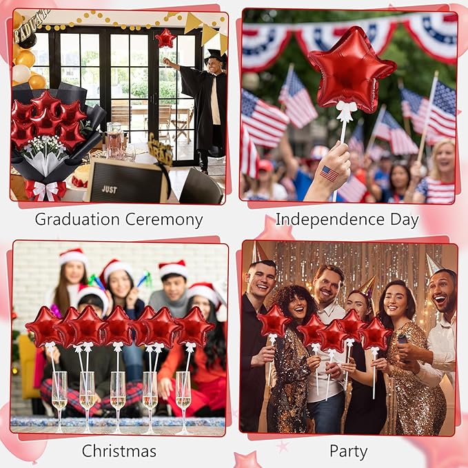 30 Pcs Star Self Inflatable Balloons with Bow Stems Star Foil Balloons Mini Pentagram Decoration for Patriotic Independence Day Graduation Birthday Baby Shower Anniversary(Red,6 Inches)