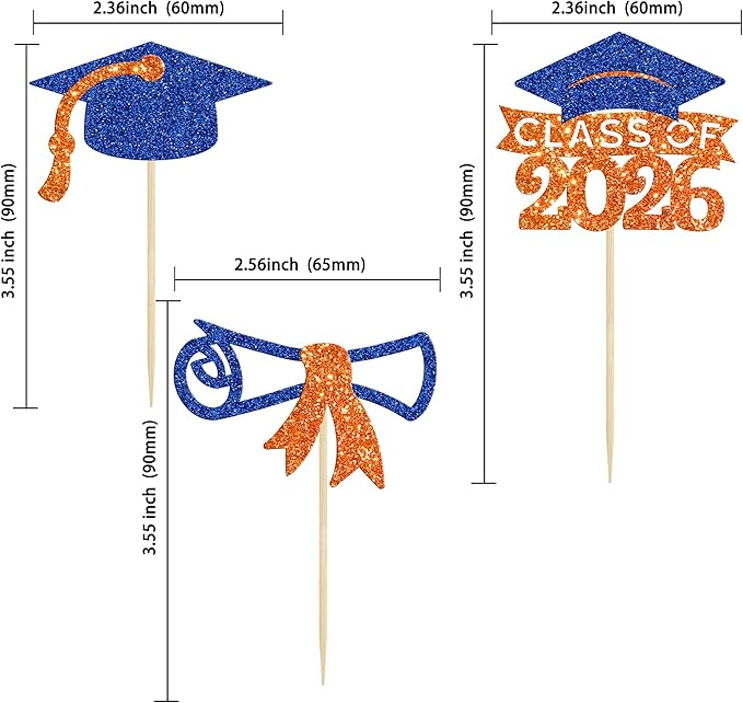 Gyufise 24Pcs Class of 2026 Graduation Cupcake Toppers Glitter Diploma 2026 Graduation Cap Cupcake Picks for 2026 Theme Party Cake Decorations Supplies Orange Blue