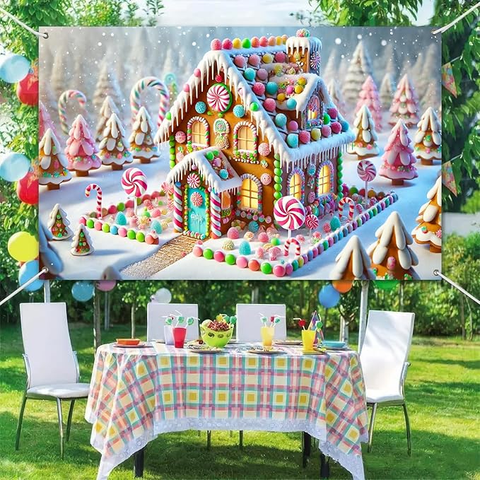 Christmas Gingerbread House Banner Candy Land Holiday Decor Colorful Sweet Winter Wonderland Backdrop for Party Wall Decoration Kids Home Photo Booth Display 71 X 43 Inches