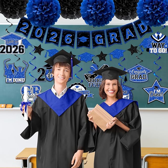Blue Graduation Decorations, 2026 Grad Banner and Congrats Grad Hanging Swirls, Blue and Black Banner Graduations Hanging Swirls College Graduations Party Decorations Class of 2026