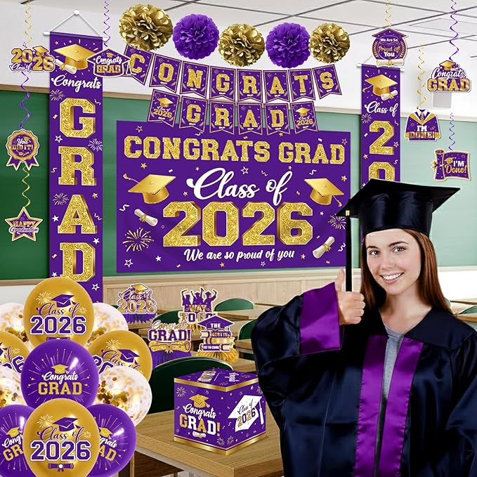 2026 Graduation Decorations - Purple Congrats Grad Party Supplies include Card Box, Backdrop, Banner and Balloons for Class of 2026 Decorations Set