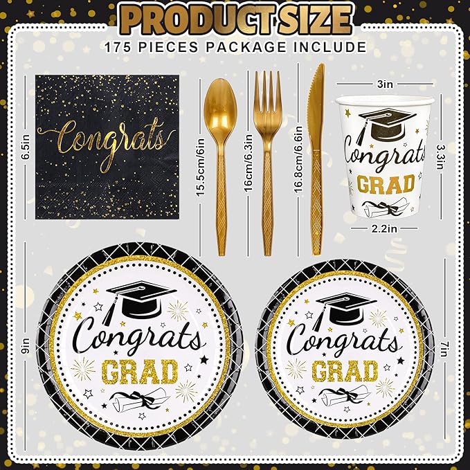 Whaline 175Pcs Graduation Party Supplies, Paper Plates and Napkins Set , 25 Guests Congrats Grad Disposable Tableware Set Include Paper Plate Napkin Cup Knife Fork Spoon for Grad Table Decor