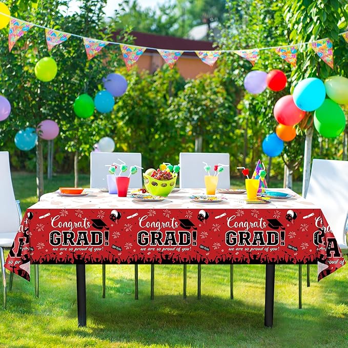 6 Pack Graduation Tablecloth Party Decorations, Class of 2026 Congrats Grad Plastic Tablecover Party Supplies, Red Rectangle Graduation Table Decorations for College High School Party, 54 x 108 Inch