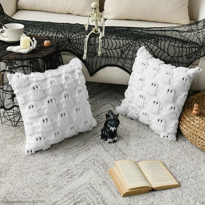 AVOIN colorlife Halloween Ghost White Throw Pillow Cover Set of 2, 20 x 20 Inch Soft Plush Faux Fur Jacquard Spooky Cushion Case Decoration for Sofa Couch