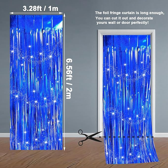Backdrops Curtains Party Decorations, Tinsel Blue Streamers for Birthday Decorations, Photo Booth Props for Wedding, 4Pack 3.28X6.56Ft