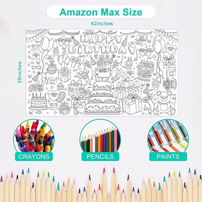 OHOME Birthday Giant Coloring Tablecloth - Birthday Decorations - Arts and Crafts for Kids Ages 8-12,Kids Crafts for 4 5 6 7 8 9 10 Year Old Girl Boy Gift,School Stuff Supplies for 4-8