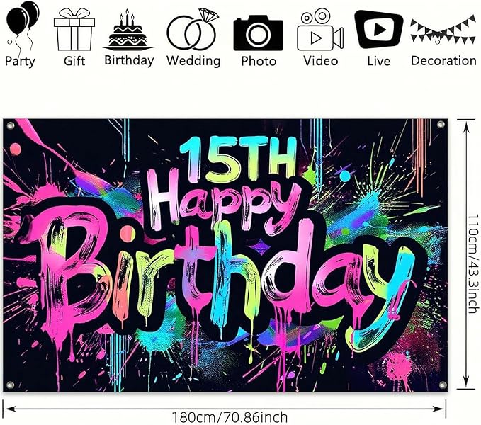 Neon 15th Happy Birthday Banner 71x43 Inch Paint Splatter Glow in The Dark Party Backdrop Colorful Wall Decor for Teens Boys Girls Fifteenth Birthday Celebrations Photo Booth Props