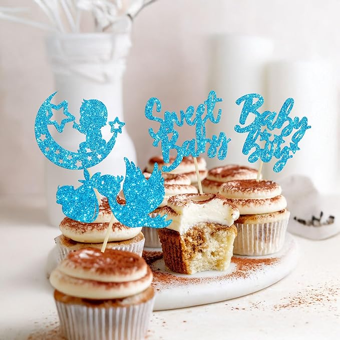 24Pcs Sweet Baby Boy Cupcake Toppers Blue Glitter Moon Star Baby Shower Cupcake Picks Decorations for Gender Reveal Baby Shower Kids Boys Birthday Party Supplies