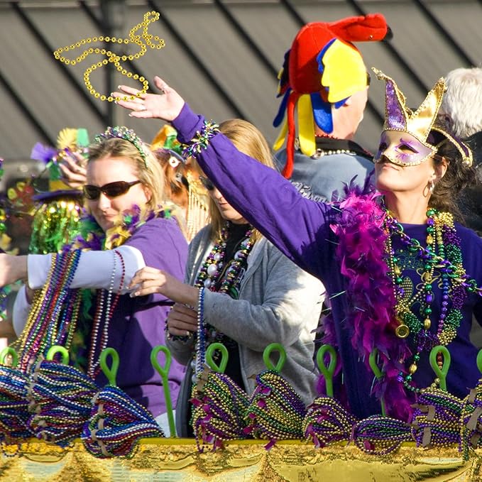 50PCS Mardi Gras Beads Bulk, 33'' Metallic Purple Green Gold Mardi Gras Beads Necklaces Accessories, Carnival Beaded Necklace for Parade Throws Costumes Accessory Party Decorations Supplies Favors