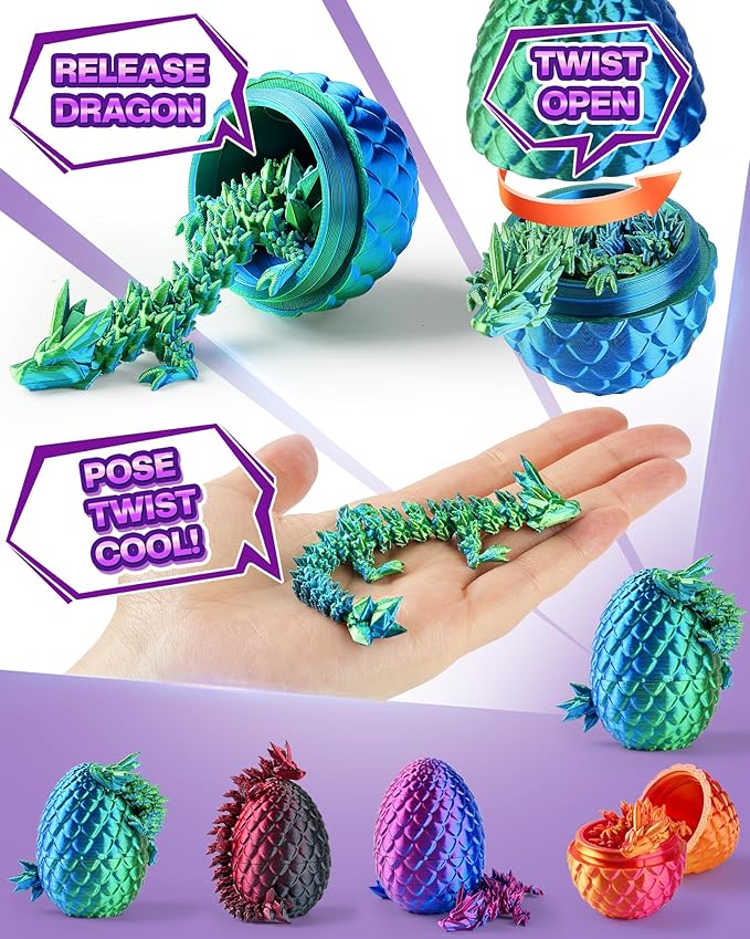 24PACK 3D Printed Dragon Eggs, Easter Basket Stuffers for Children and Teens, Unique Easter Toys & Gifts for Boys, Mini Articulated Dragon Game Toys for Kids.