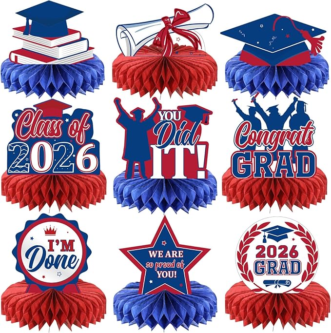 Yisong 9 Pieces 2026 Graduation Party Table Decorations Class of 2026 Congrats Graduation Centerpieces for Tables Congratulate Honeycomb Centerpiece Topper for Grad Party Supplies (Blue, Red)