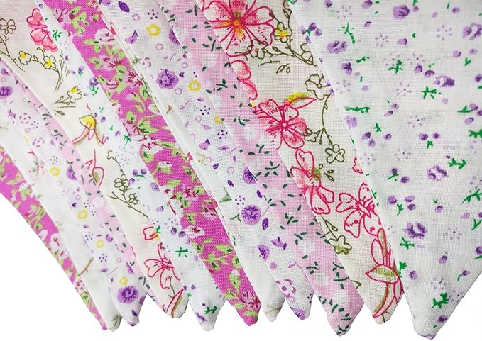 LOVENJOY Pink Floral 100% Cotton Bunting Banner for Girls Shabby Chic Wedding Birthday Decoration