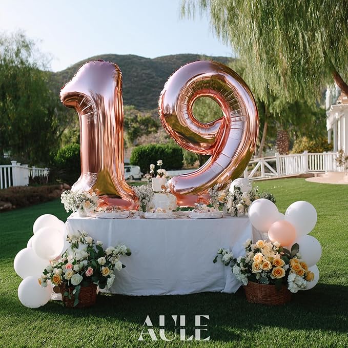 AULE 40 Inch Large 19 Number Balloons Rose Gold Big Foil Number Balloons Giant Helium Happy 19th Birthday Party Decorations for Girl Huge Mylar 91 Anniversary Supplies