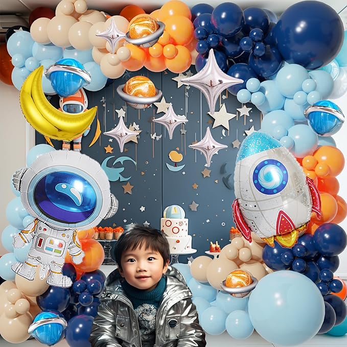125Pcs Space Themed Balloon Arch Kit Navy Blue Orange Balloon Garland With Silver Tassels Galaxy, Astronaut & Rocket Decorations For Outer Space Parties, Boy Kid Birthday decoration