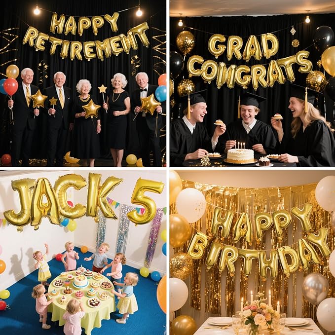 57 Pcs Letter Balloons, 18" Gold Aluminum Foil Alphabet Custom Balloons Banner for Birthday, Baby Shower, Wedding, Graduation, Happy New Year Party Decorations Supplies