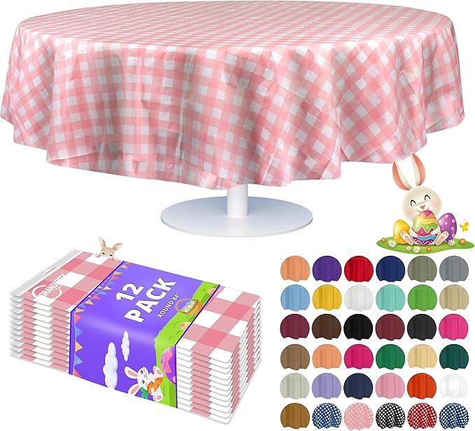 Grandipity 12 Pack Premium Disposable Plastic Tablecloth 84" Inch Decorative Round Table Cover - Pink Checkered Gingham