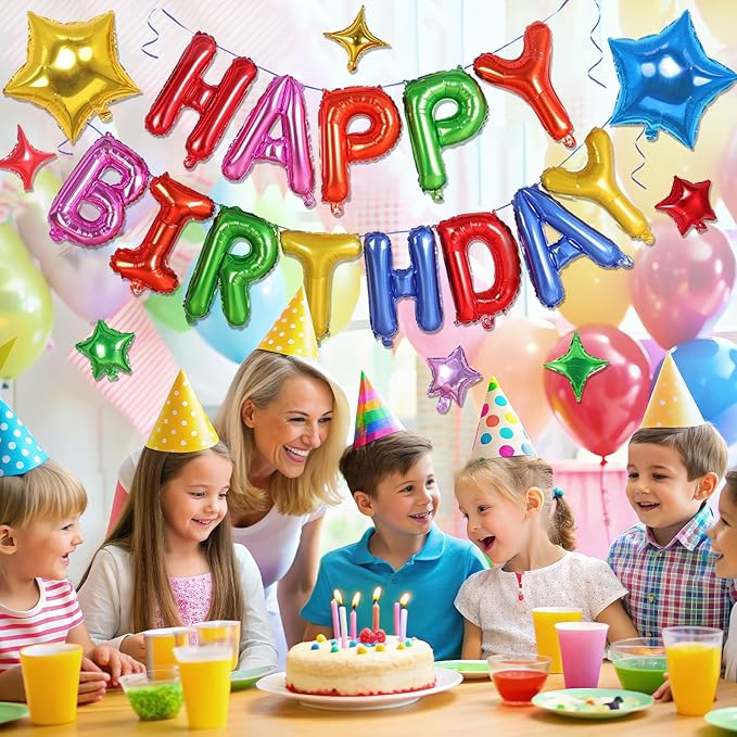 Rainbow Birthday Balloons Banner, 3D Mylar Foil Happy Birthday Balloons, 26pcs Birthday Party Decorations with 8pcs Star Balloons for Kids Girls Boys Women Adults Birthday Party Supplies