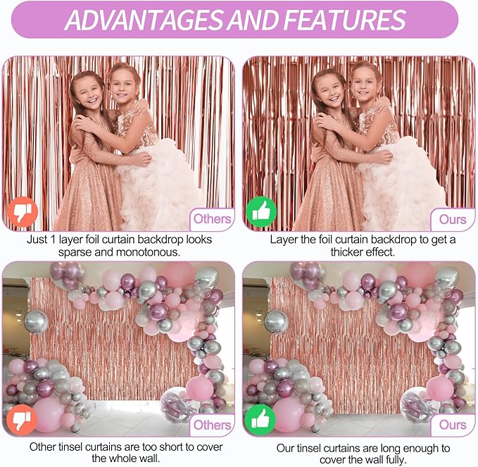 2 Pack Rose Gold Foil Fringe Curtains Streamers Party Decorations 3.3 x 8.2 ft, Tinsel Curtain Fringe Backdrop for Parties, Door Fringe Birthday Streamers, Photo Booth Backdrops, Party Decor