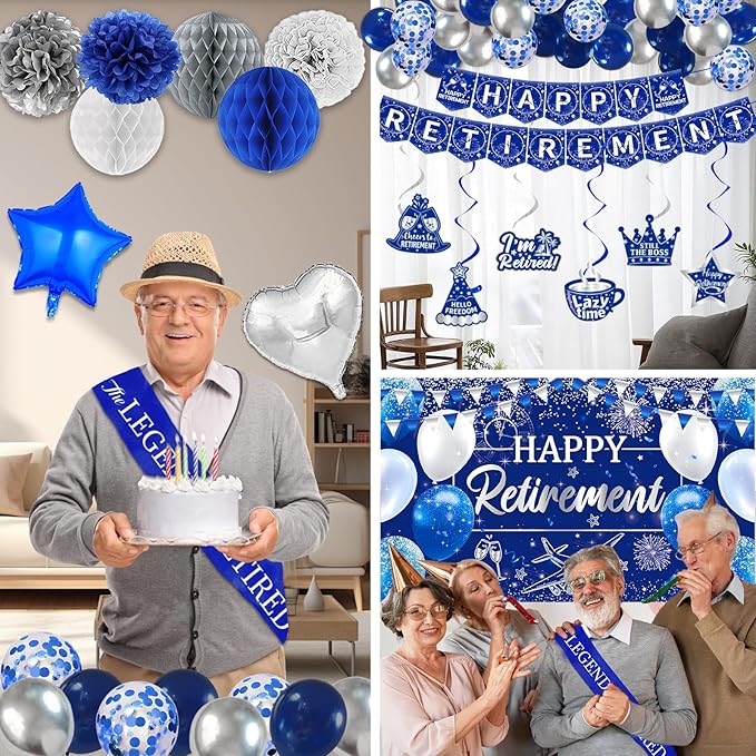 Happy Retirement Party Decorations for Men Women Blue Silver Happys Retirements Decorations Happy Retirements Banner Backdrop Card Retirement Sash Hanging Swirls Foil Balloons Honeycomb Centerpieces