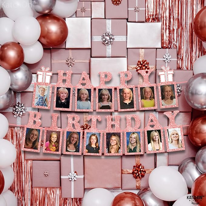 KatchOn, Glitter Rose Gold Happy Birthday Banner - Big 10 Feet, Pre Assembled | Happy Birthday Photo Banner for Sweet 16 Party Decorations | Rose Gold Birthday Banner for Happy Birthday Decorations