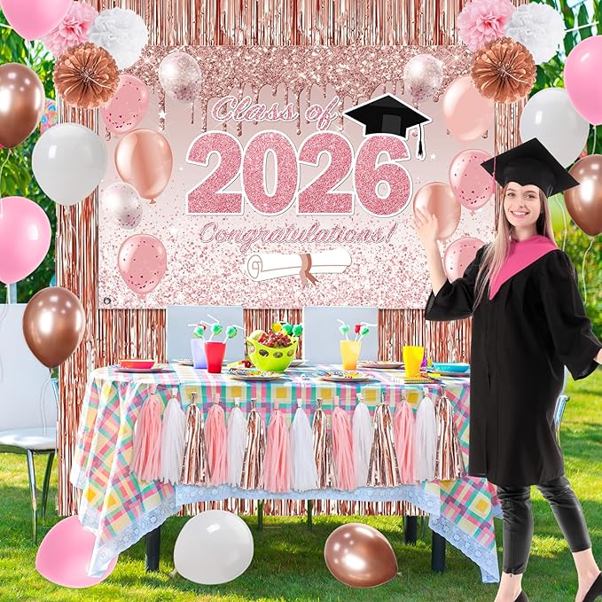 Pink Graduation Decorations Class of 2026, Rose Gold 2026 Graduation Party Decorations, Class of 2026 Paper Pompoms Paper Tassels Backdrop and Balloons for Class of 2026 Party Supplies