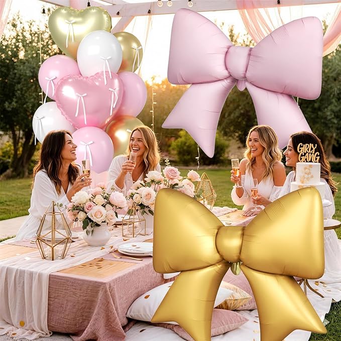 16Pcs Pink and Gold Heart Balloons, 38 Inch Pink Bow Balloon, Champagne Gold Pink White Balloon and Bow Heart Shaped Foil Balloons for Birthday Wedding Bridal Baby Shower Valentines Day Decorations