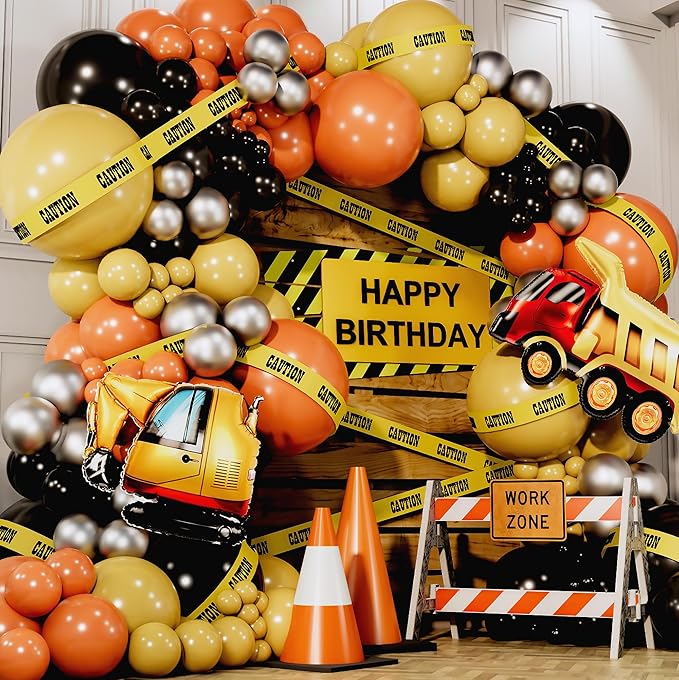 ALL-IN-1 Construction Balloon Arch Kit with BONUS Caution Tape & Truck Balloons - Construction Balloons for Excavator Birthday Decorations - Construction Birthday Party Supplies & Decorations