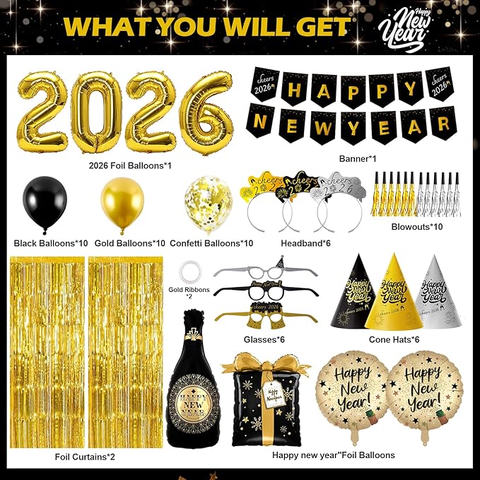New Years Eve Party Supplies 2026-73 PCS Happy New Years Decorations-Party Favors Includes Hats, Banner, Glasses, Tiaras, Squawkers Blowers, Balloons, Fringe Curtain Accessories Nye Decorations 2026