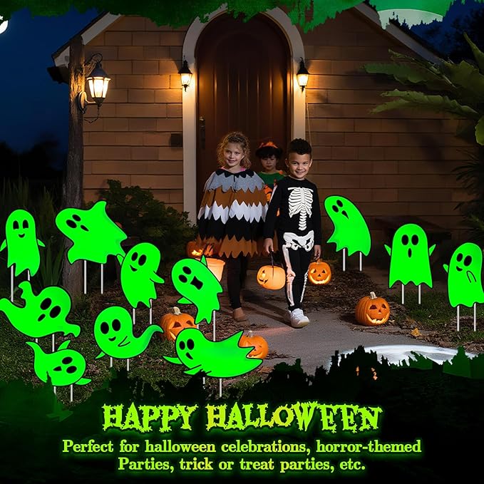 Jetec 12 Pcs Halloween Outdoor Decorations Ghost Yard Signs with Stakes Glow in The Dark Horror Ghost Halloween Decorations Luminous Plastic Sign Scary Party Outside Decor for Lawn Patio Yard Garden