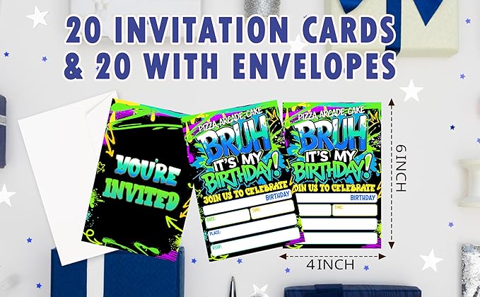 CLIRBE Bruh Birthday Party Invitations, Glow Neon Invited Birthday Invitations For Brother Bro Teen Boys, 20 Invites Cards With 20 Envelopes, Party Supplies Favors -H01