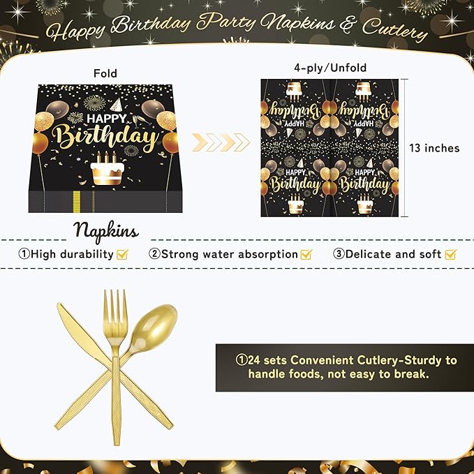 Black and Gold Happy Birthday Party Plates Set, 168PCS Balloons Cake Fireworks Paper Plates Napkins Cups and Gold Cutlery Set, 24 Set Disposable Tableware Set for Birthday Party Decorations