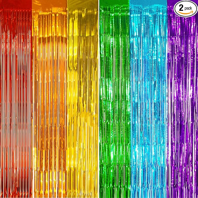 2 Pack Foil Fringe Backdrop - Combo Rainbow Shiny Tinsel Curtains for Party Decoration/Photo Booth Props - 3.3x6.6 FT Metallic Foil Backdrop for Birthday, Wedding, Graduation, Christmas.