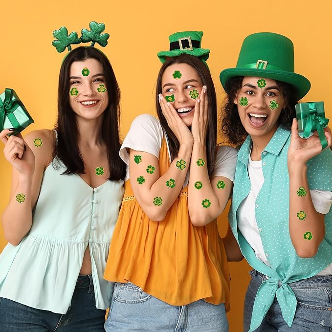 Glitter St Patricks Day Tattoos, 25 Styles Saint Patricks Day Green Gold Shamrock Tattoos with Lucky Clover, Temporary Face Stickers for St Patricks Day Accessories Party Favors