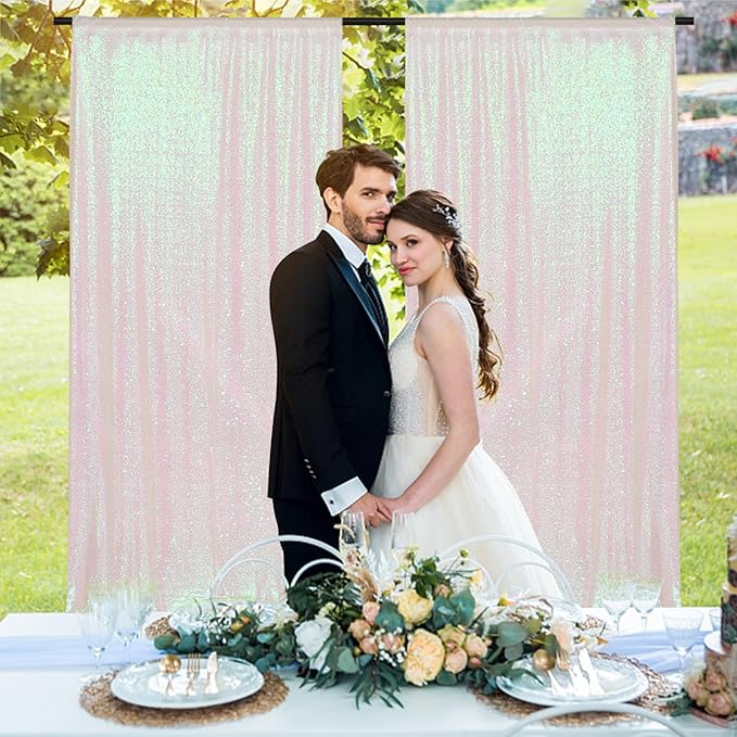 PartyDelight Iridescent White Sequin Backdrop 5x10ft 2 Panels - High Density 3mm Shimmer Sequin Background with 4-Inch Rod Pocket, Sparkly Photography Curtain for Wedding, Stage & Event Decor