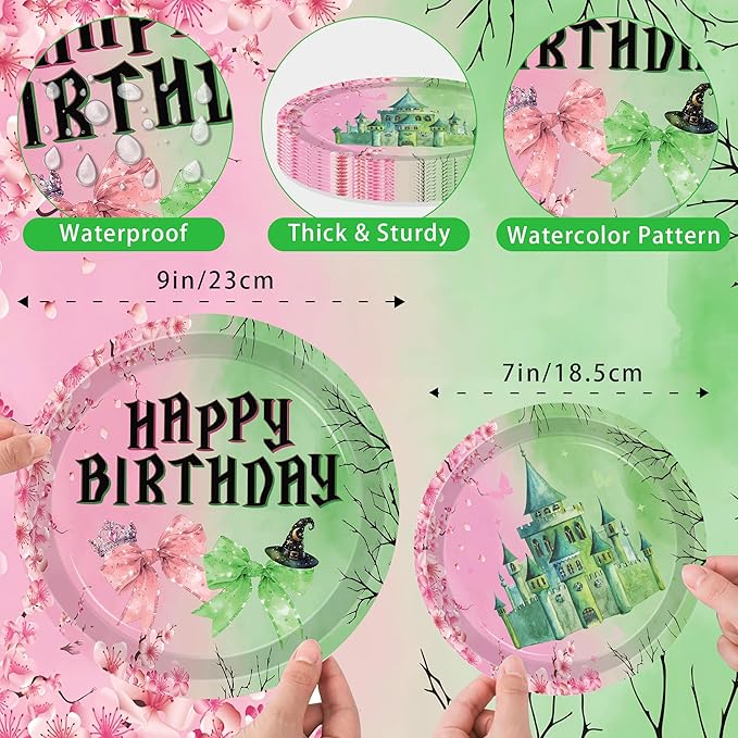 140pcs Pink and Green Witch Party Decorations Tableware, Witch Table Centerpieces Party Supplies, Tableware Set Paper Cups for Girls Birthday Party Decorations Severs 20 Guests