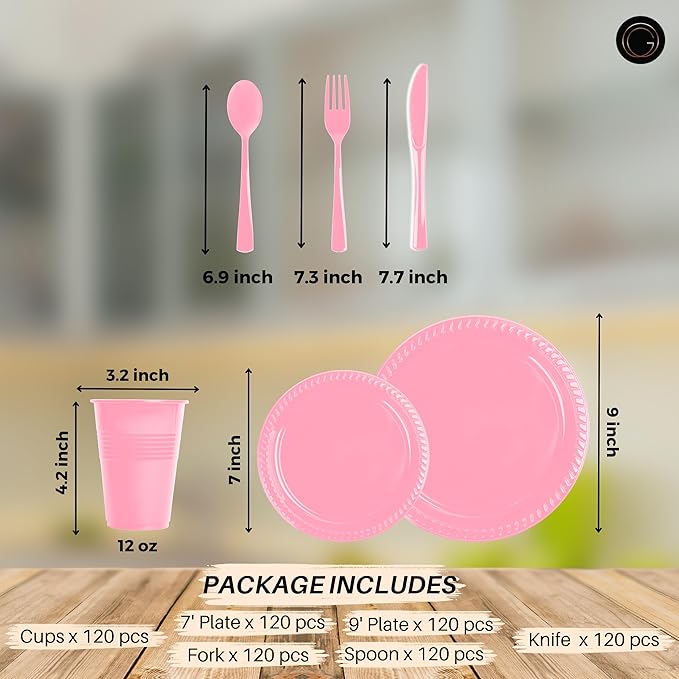 Grandipity 720 Piece Disposable Dinnerware Set, Plastic Dinnerware Set Includes 120 Count 9' Dinner Plates, 7' Dessert Plates, 12oz Cups, Forks, Knives & Spoons - Pink