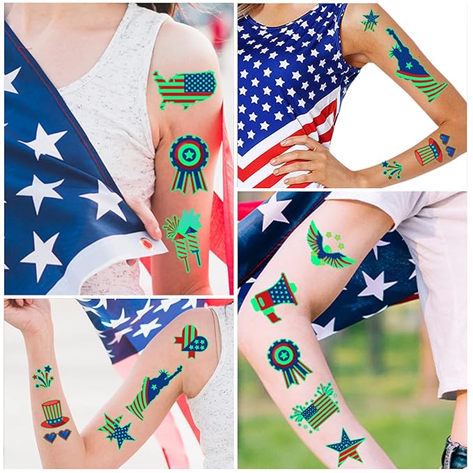 70PCS 4th of July Decorations Temporary Tattoos，Red White and Blue Party Supplies，Fourth of July Glow in The Dark Sticker Patriotic Party Decorations Favors Supplies Independence Day Memorial Day Decorations