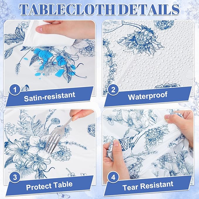 3 Pack Blue Floral Tablecloth, 54 X 108Inch Plastic Tea Party Tablecloths Disposable Vintsage Table Cloths Blue and White Porcelain Tables Decor for Mother's Day Birthday Garden Wedding Tea Party