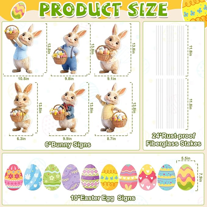 16 PCS Outdoor Easter Decorations, Easter Bunny and Eggs Yard Signs with Stakes, Waterproof Spring Garden Lawn Signs for Party Spring Garden Patio Holiday Display Supplies