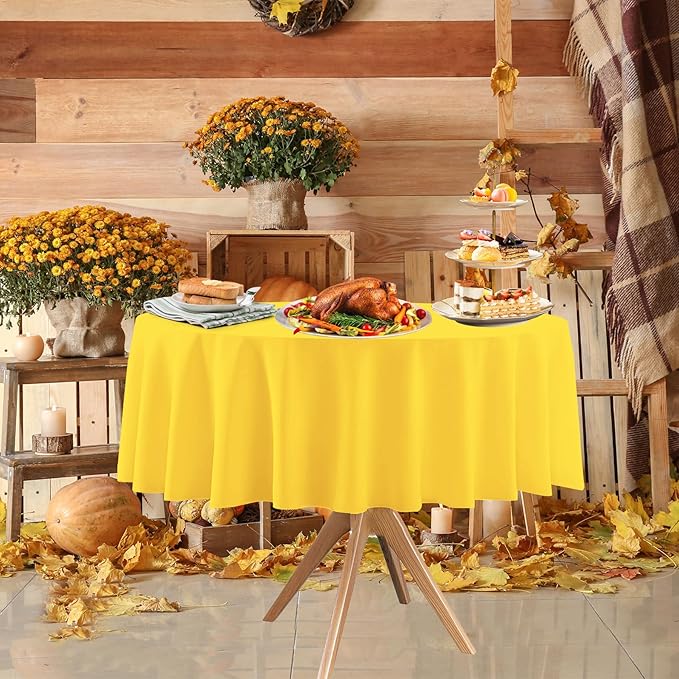 12 Pack Fall Plastic Round Tablecloths–84 Inch Disposable Autumn Table Covers in 4 Colors (Red,Orange,Yellow,Brown),Thanksgiving Harvest Party Decorations for Home Events