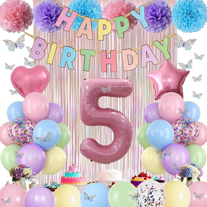 Pastel 5th Birthday Party Decorations for Girls Number 5 Balloon Happy Birthday Banner Butterfly Stickers Fringe Curtain Paper Pom Poms Macaron Pink Star Heart Foil Colorful Balloons 5 Year Old Decor