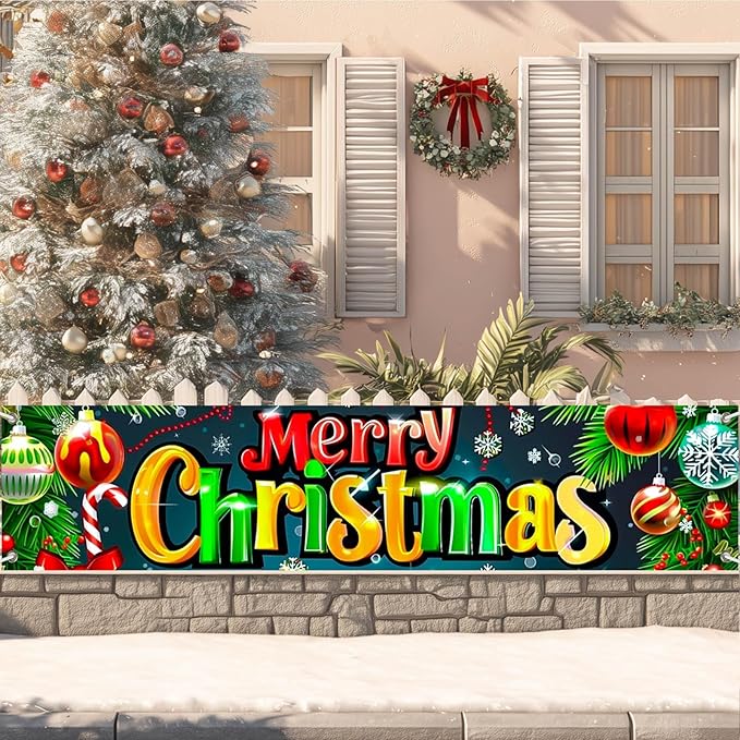Merry Christmas Fence Banner with Ornaments and Candy Cane Decor 78 x 17 Inch Outdoor Holiday Yard Lawn Decoration Home Front Door Christmas Decoration